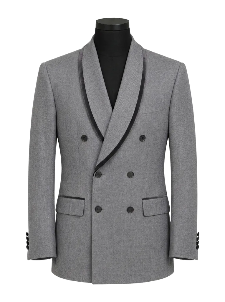 Grey Shawl-Lapel Double-Breasted Blazer