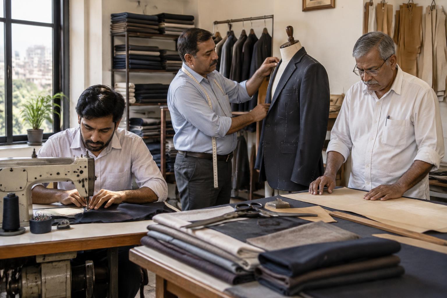 Illustrative tailoring artisans cutting, stitching and fitting garments in a workshop