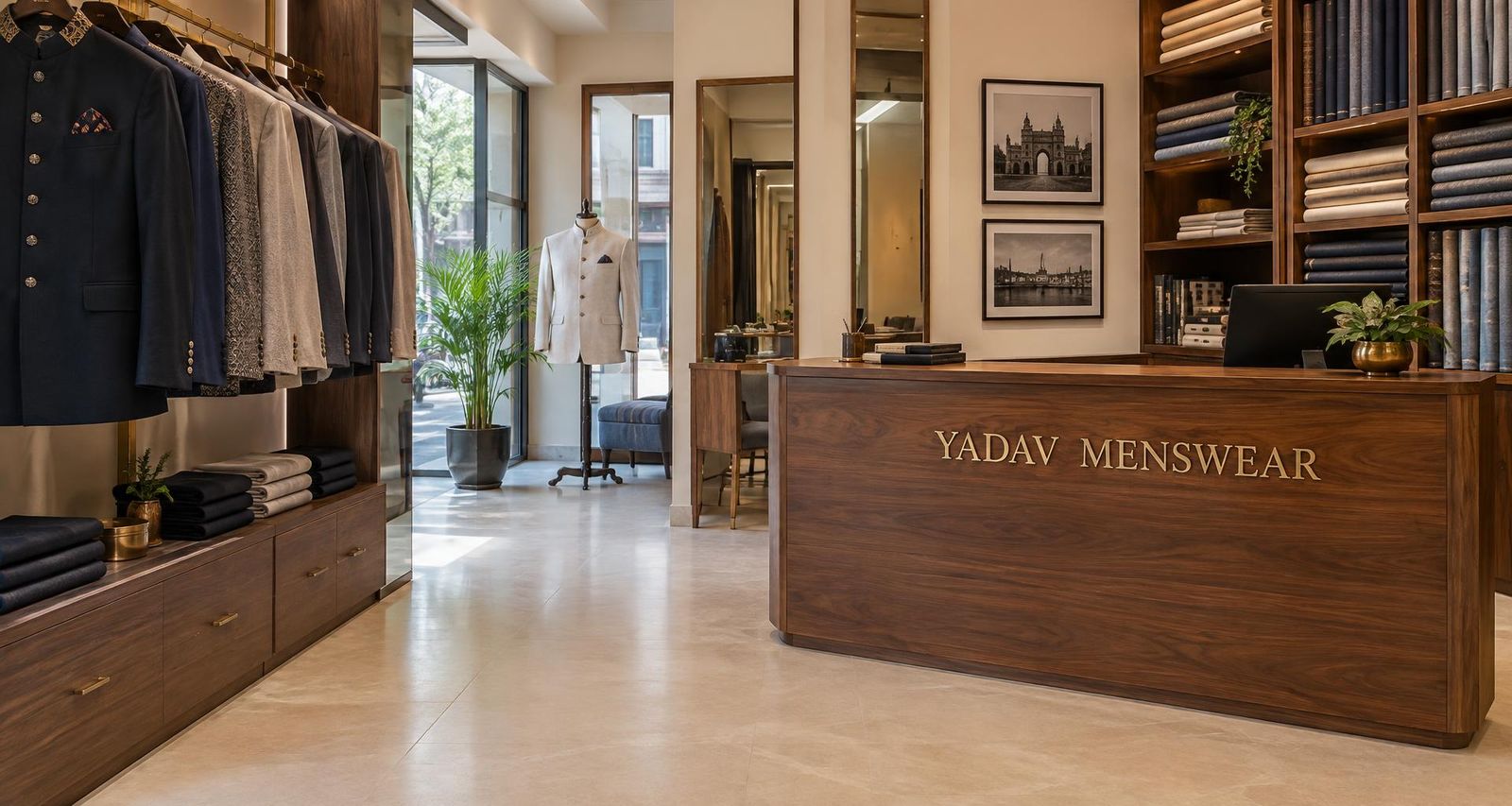 Illustrative Yadav Menswear shop interior with the brand name on the wooden counter