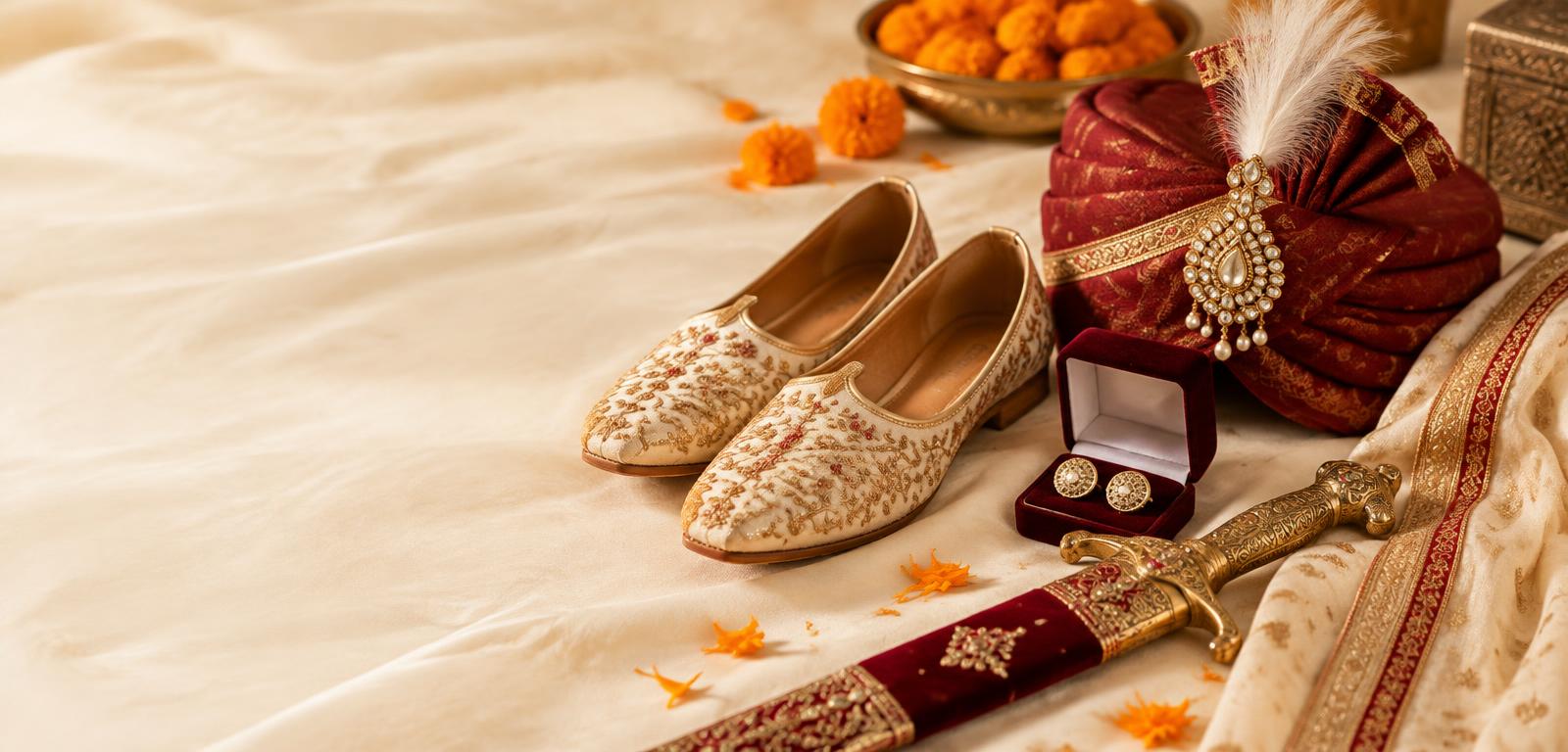 Groom wedding accessories: juttis, safa, brooch, cufflinks and sword