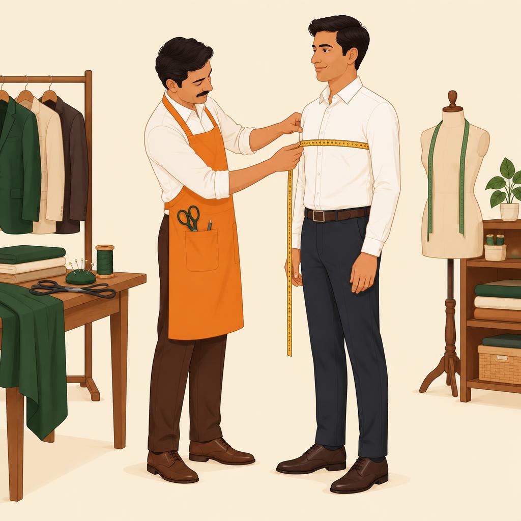 Illustration of a tailor measuring a customer's chest