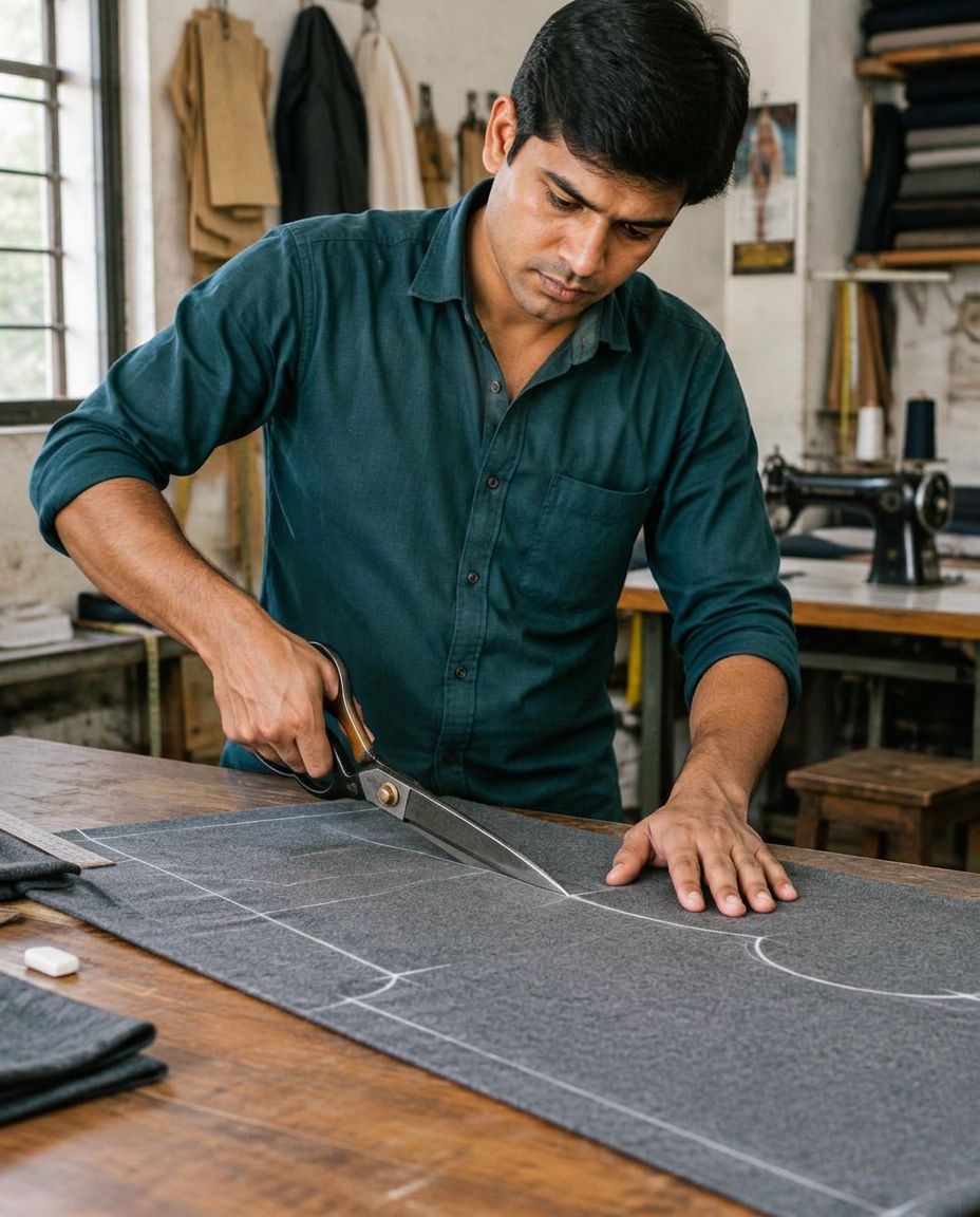 Tailor preparing fabric for cutting