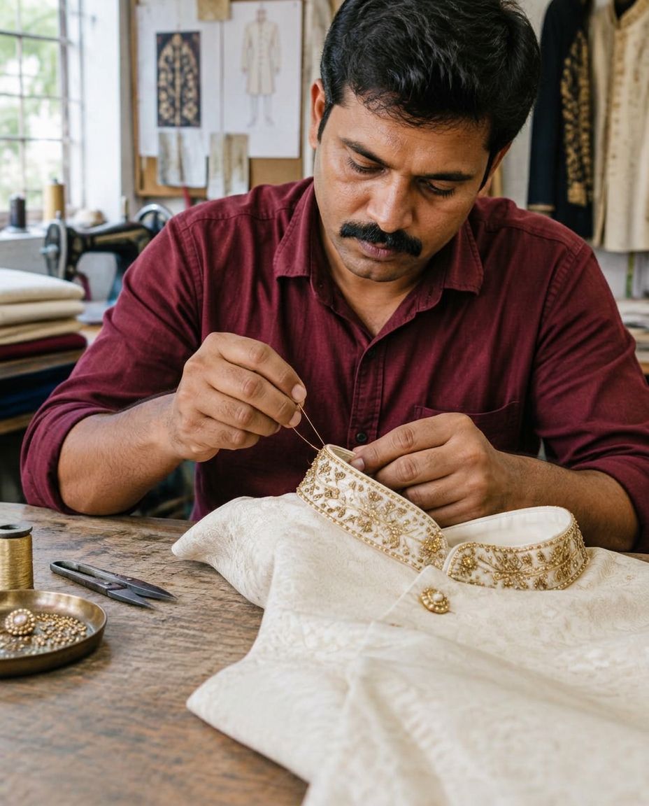 AI-generated illustration: An artisan hand finishing embroidery on a sherwani collar