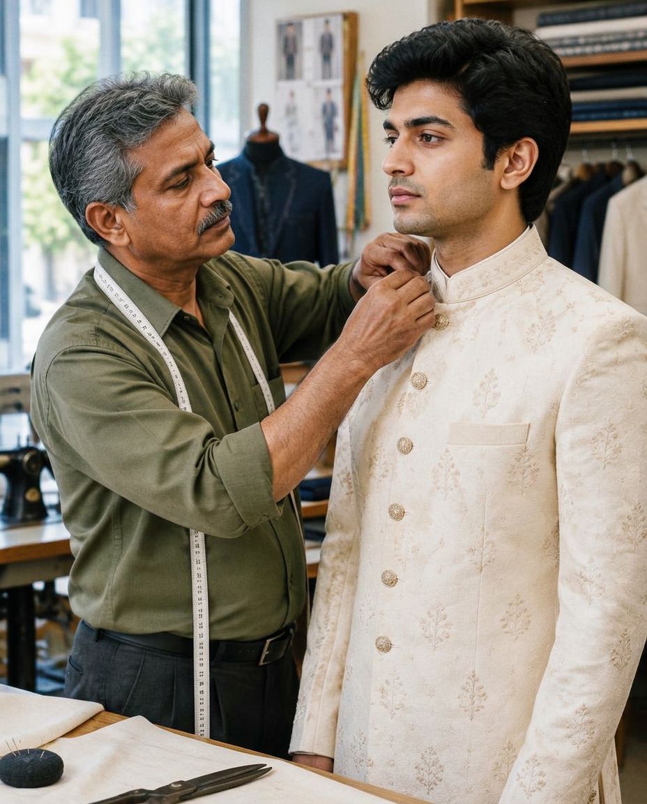 AI-generated illustration: A tailor fitting the collar of an ivory Jodhpuri on a customer