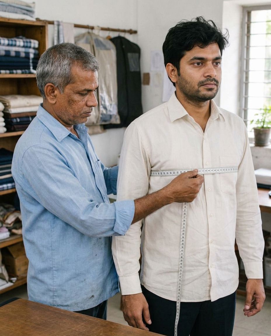 AI-generated illustration: A tailor measuring a customer's chest circumference with a tape