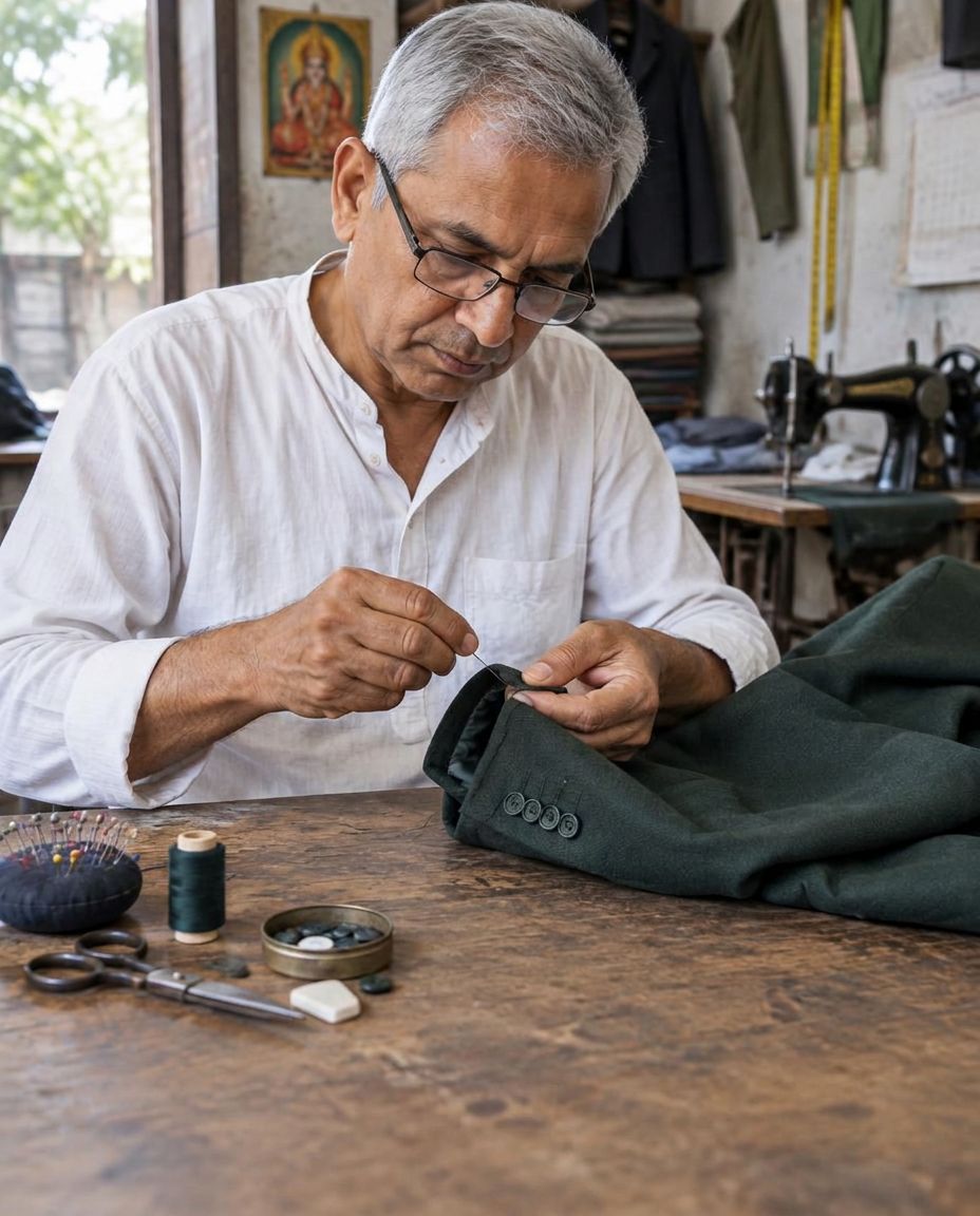 AI-generated illustration: A tailor hand stitching a jacket cuff at a worktable