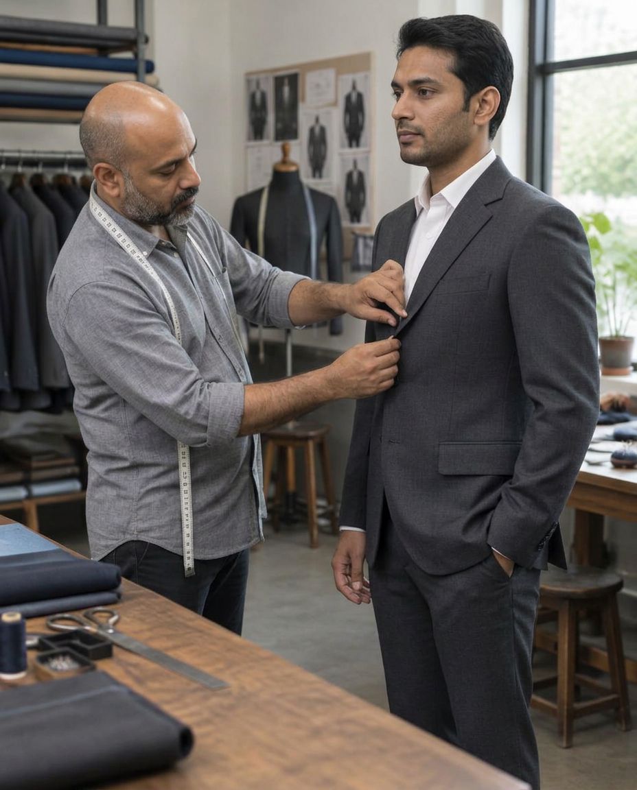 AI-generated illustration: A tailor adjusting a charcoal suit jacket on a customer